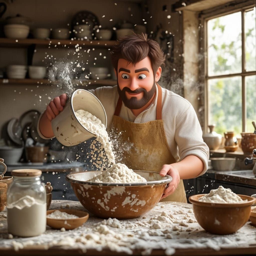 Cluttered Kitchen Scene With Flour Dusting Surfaces