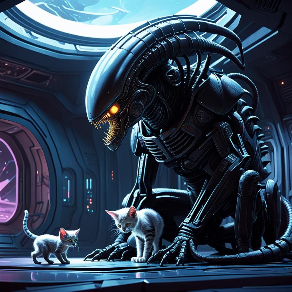 Xenomorph Tenderly Pets Cute Alien Kitten in Cyberpunk-Style...