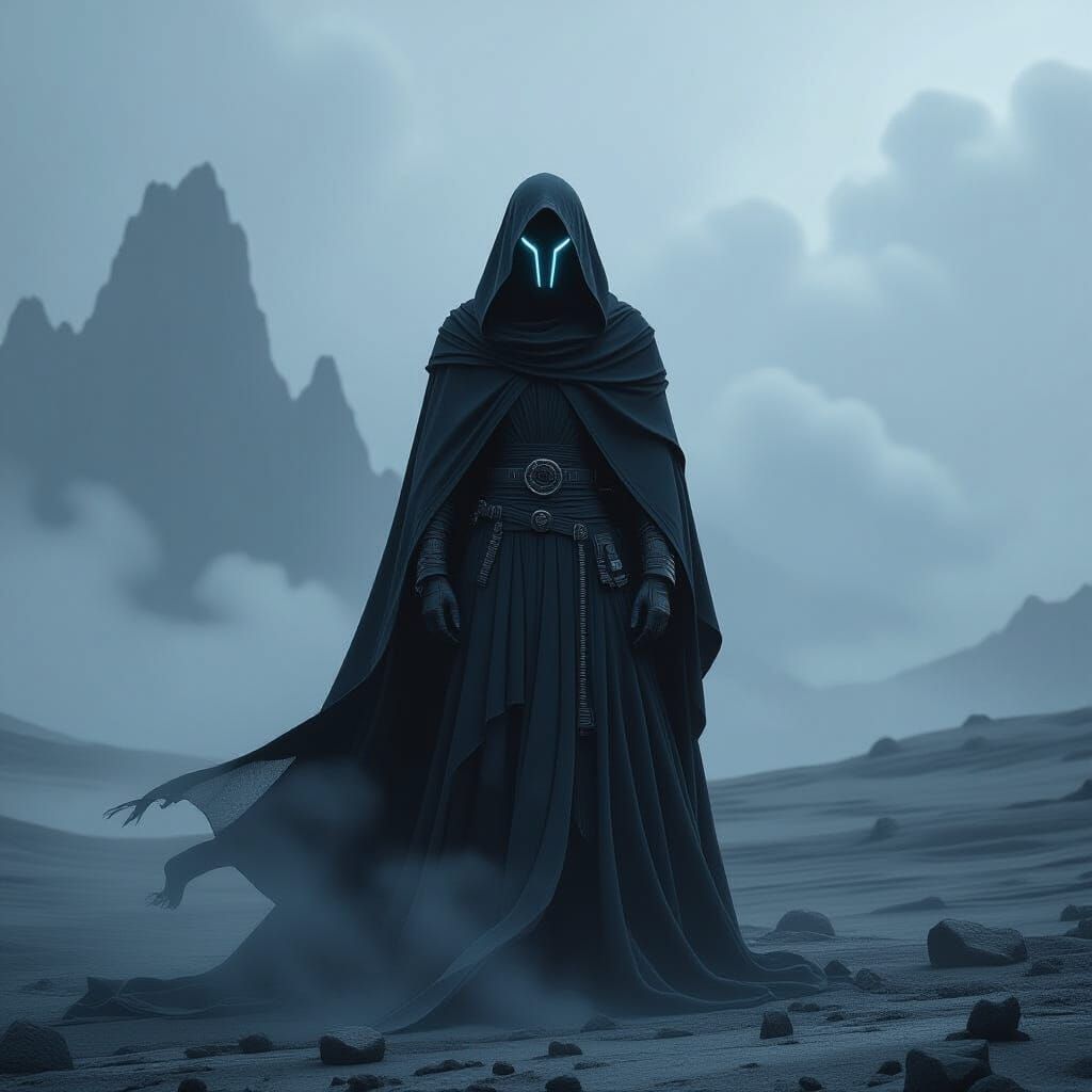 Gothic Figure with Cyberpunk Visor on Misty Mesa