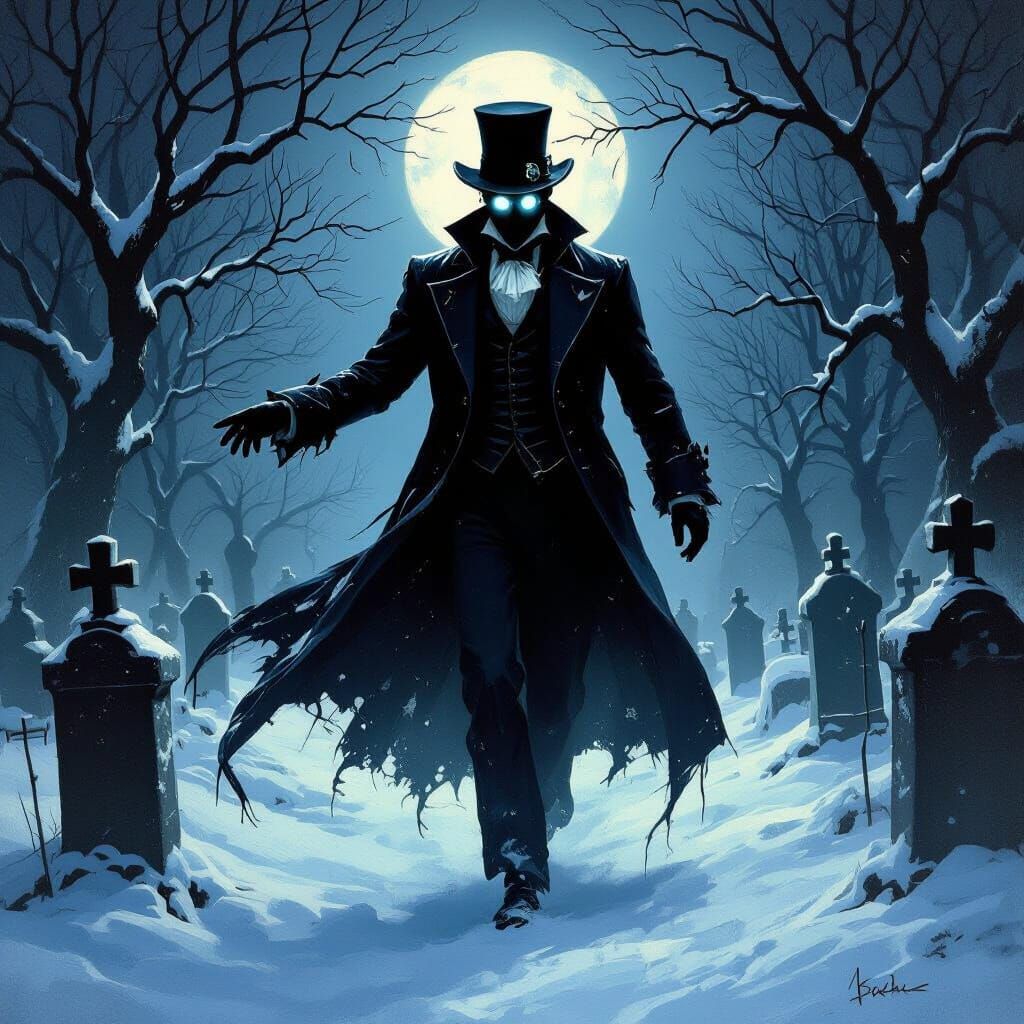 Spectral Victorian Gentleman in Moonlit Gothic Graveyard