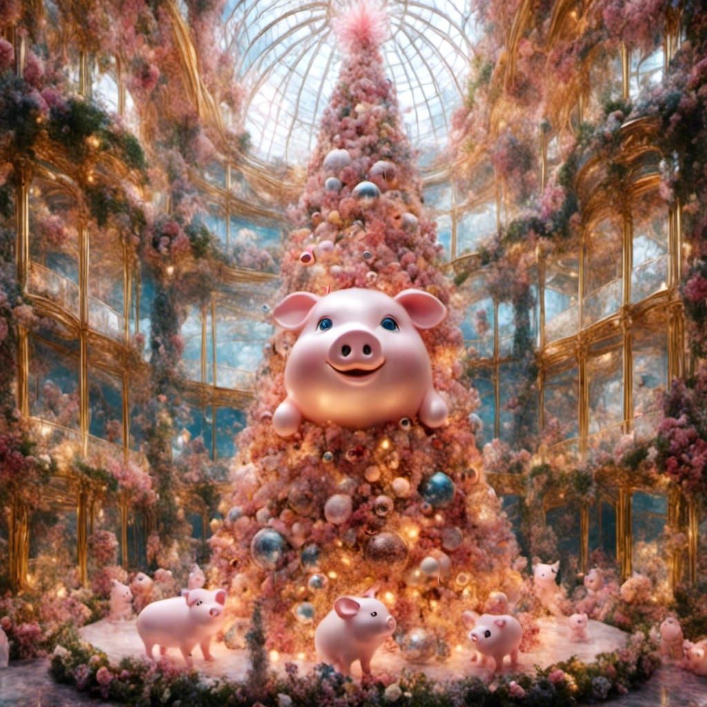 Vibrant Christmas Tree Decorated with Cute Piggy Ornaments