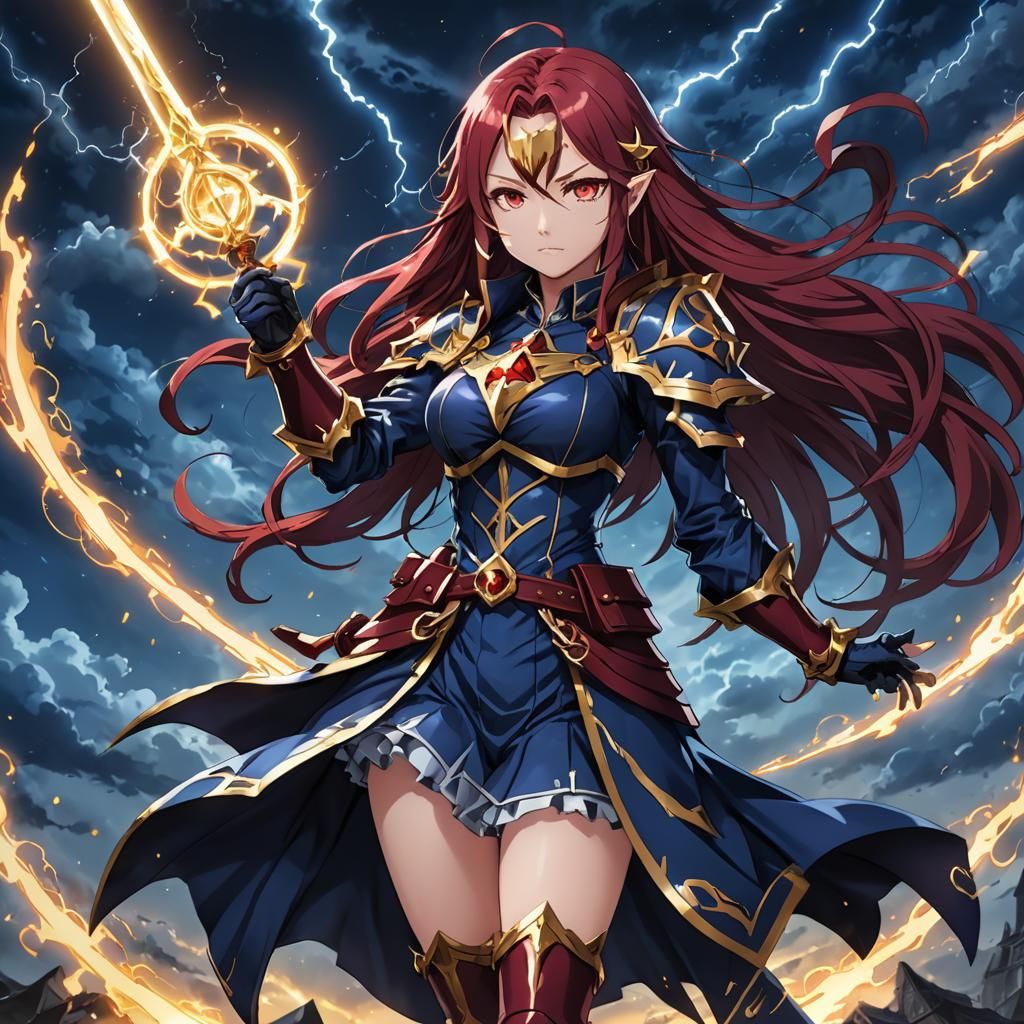 Mystical Anime Magical Girl in Dark Armor Unleashes Stormy P...