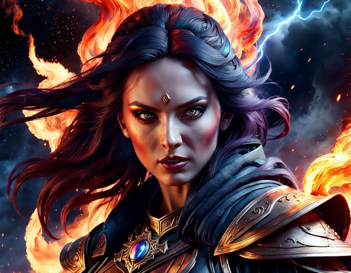 Ethereal Sorceress Enveloped by Cosmic Flames