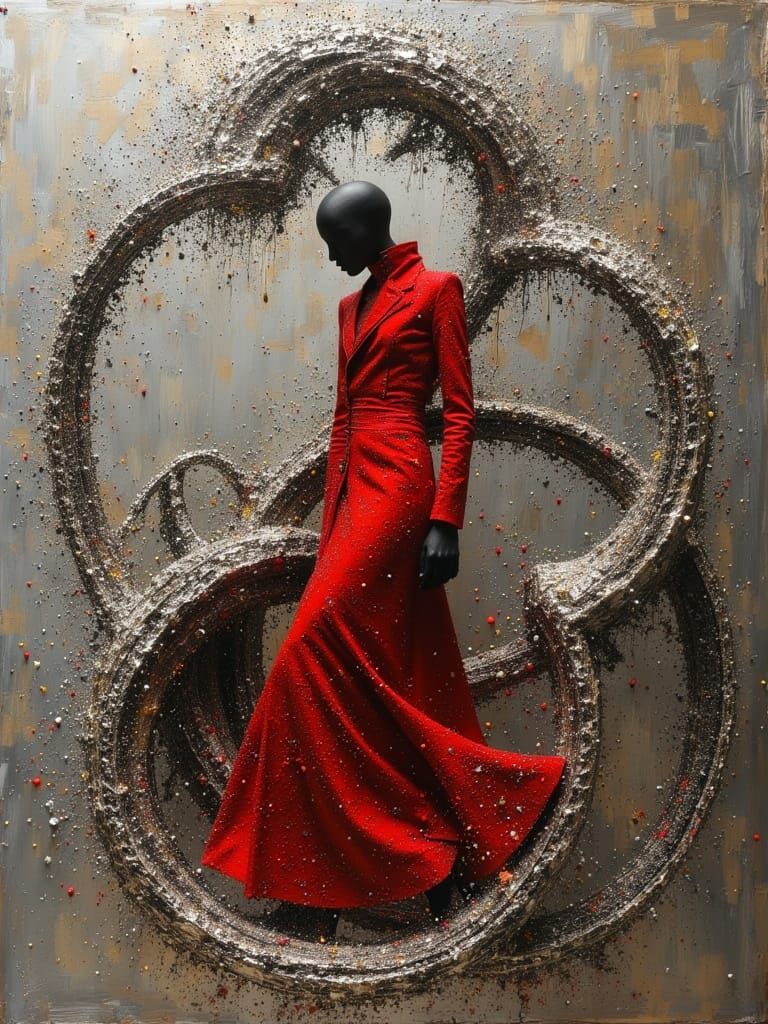Woman in Red Coat Amidst Metallic Machinery