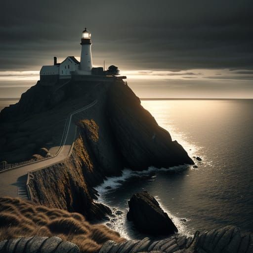 Dramatic Lighthouse on Rocky Coast in Golden Hour