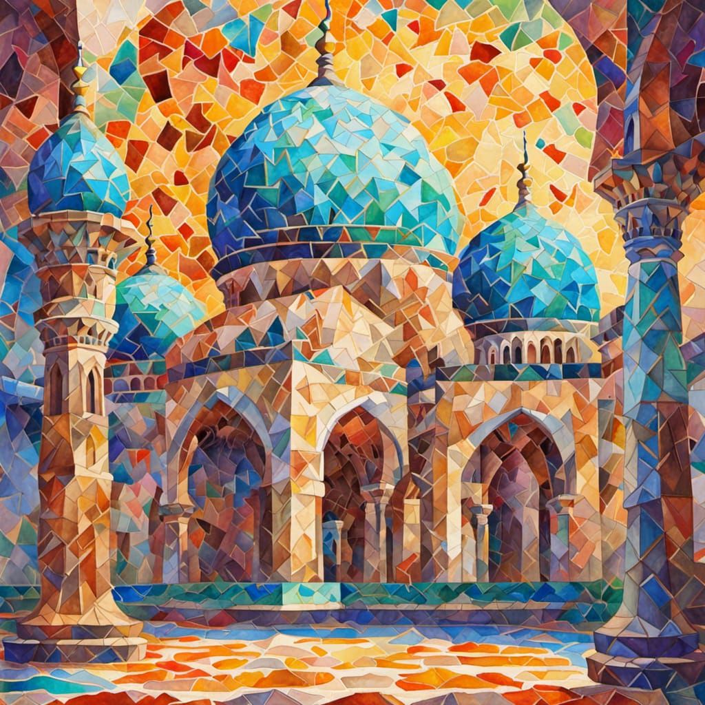 Epic Arabian Mosque Scene in Impressionist Gouache