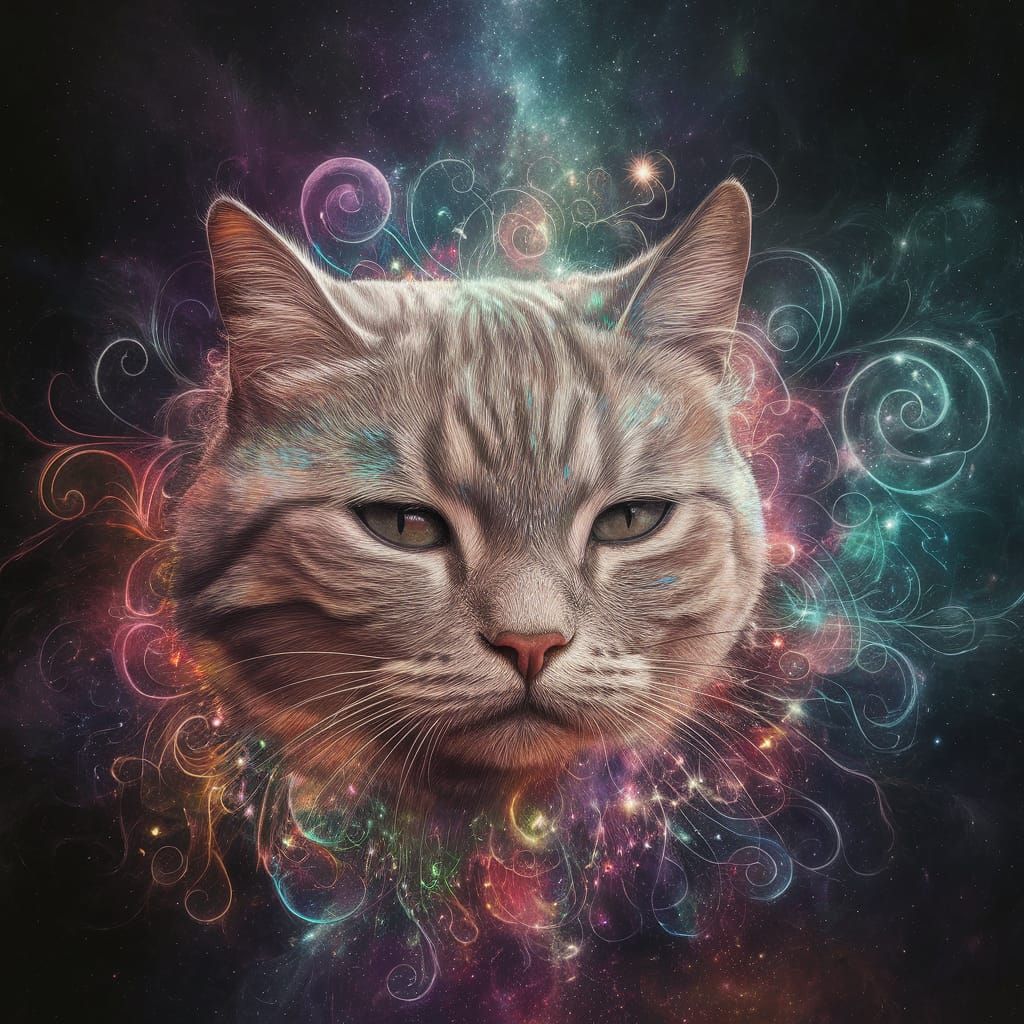 Whimsical Astral Feline in Cosmic Bloom