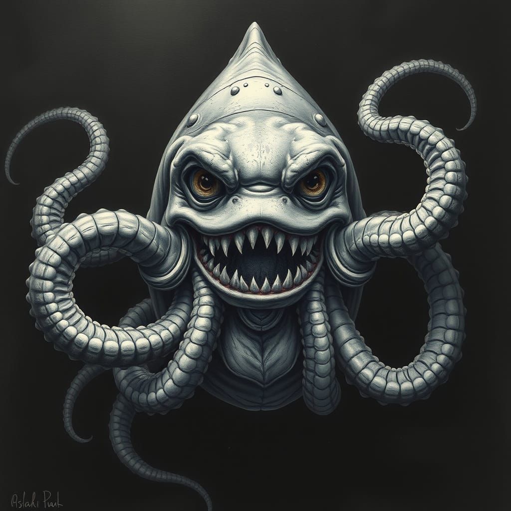Gargantuan Alien Cephalopod in Charcoal Drawing Style