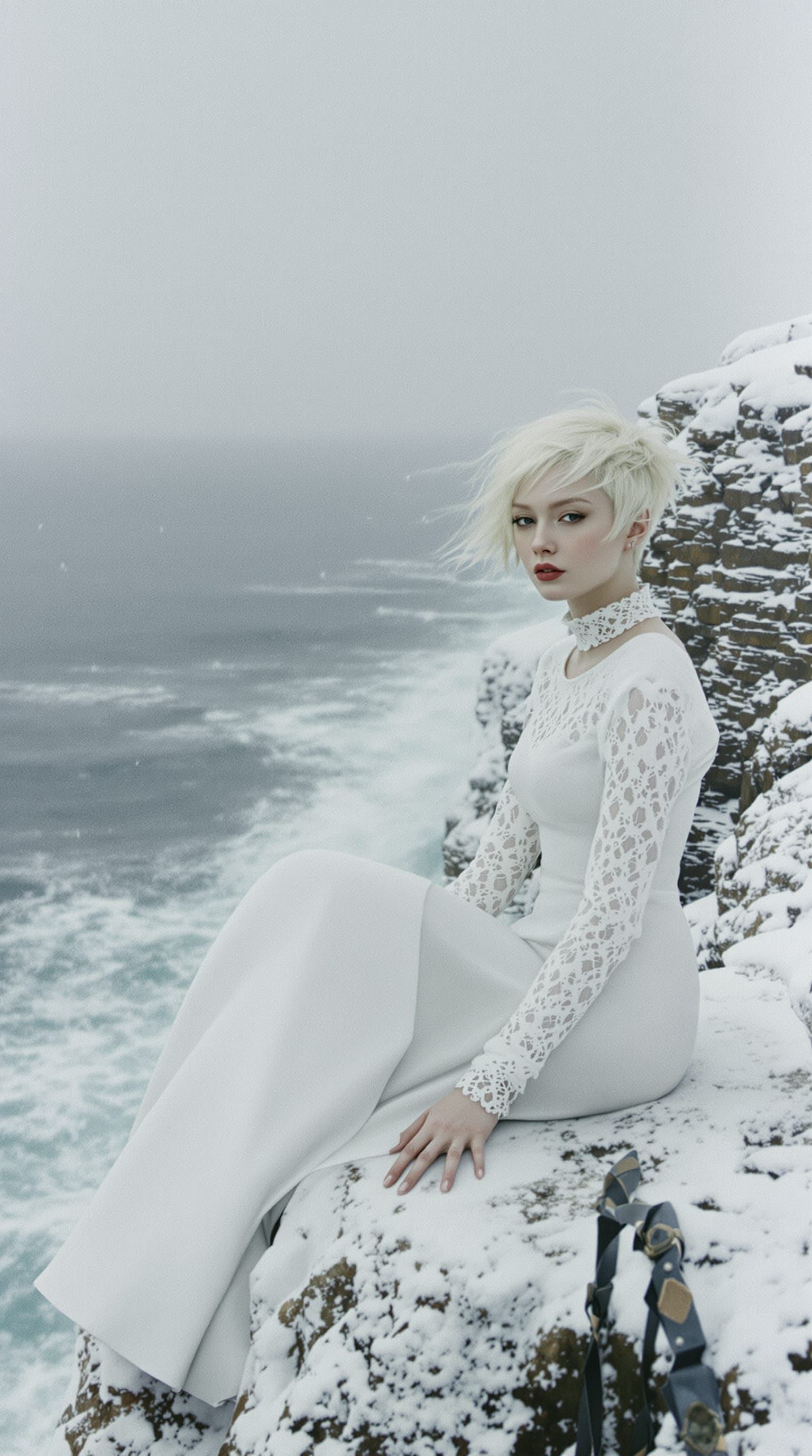 Albino Woman on Snowy Cliffs in Blizzard