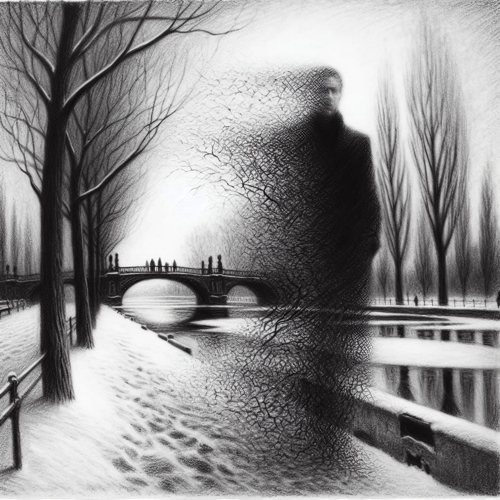 Silhouette of a Figure Dissolves in Winter Landscape