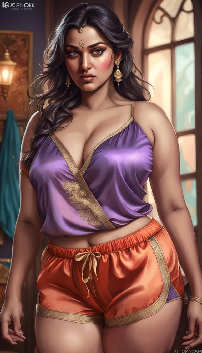 Curvy Indian Goddess Radiates Beauty in Satin Night Shorts