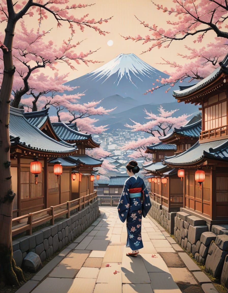 Traditional Japanese Town Square in Cherry Blossom Bloom