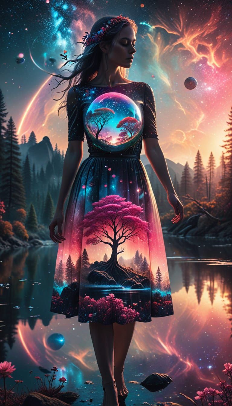 "A surreal double exposure scene: a magical forest with glow...