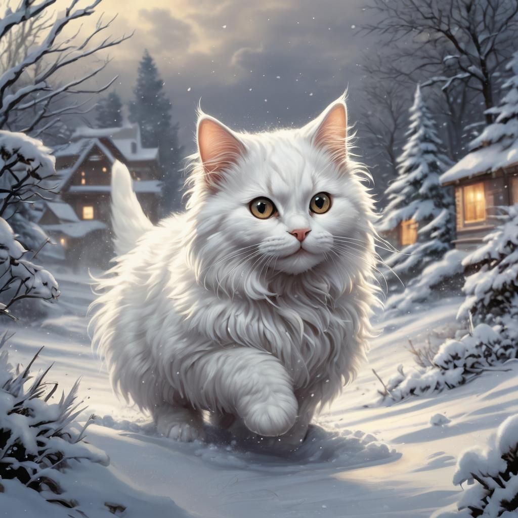 Whimsical Angora Cat Plays in Fresh Snow