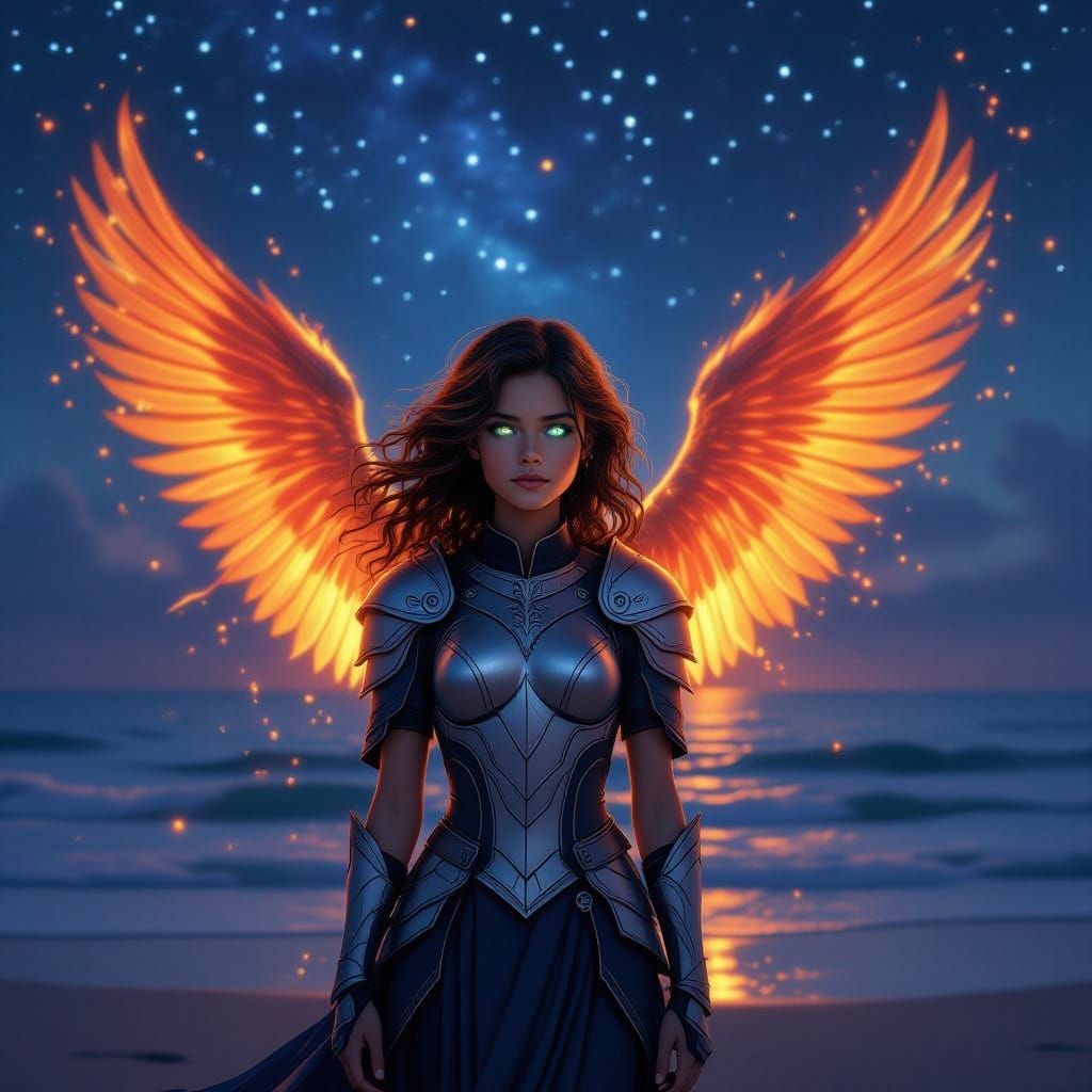 Ethereal Girl with Phoenix Wings on Starlit Ocean Beach