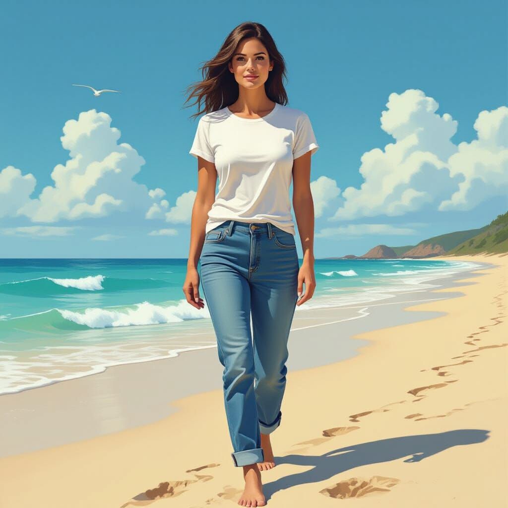 Woman on Beach in Comic Book Art Style