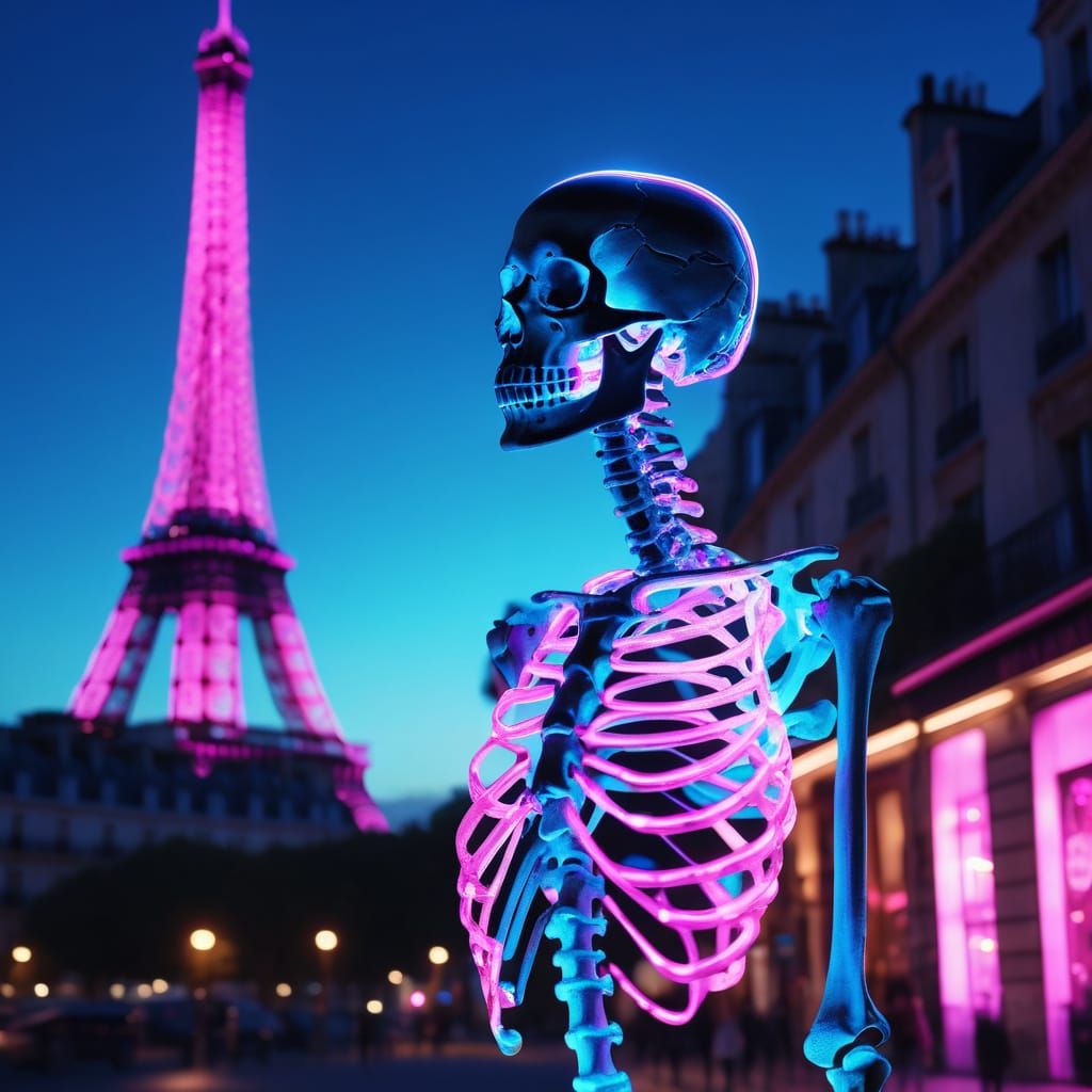 Neon Skeleton in Paris: Surreal Digital Art