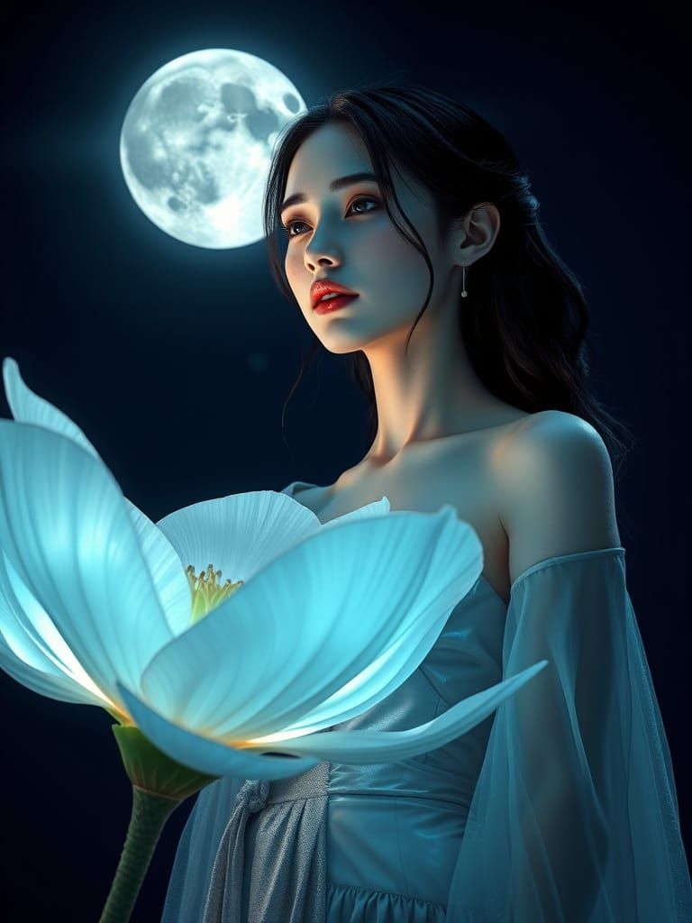 Ethereal Woman Amidst Radiant Moon Flower in Nighttime