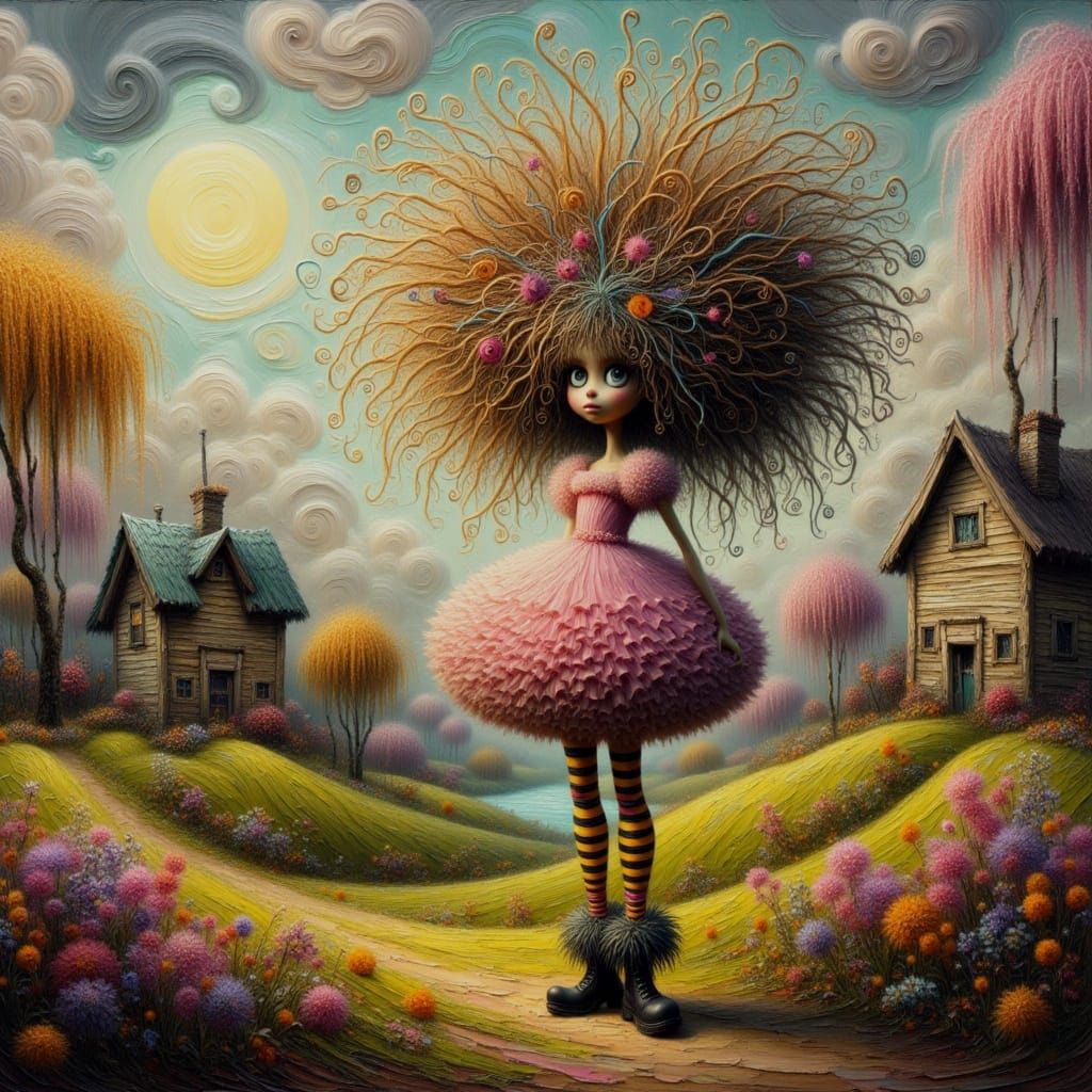 Radiant Girl with Tangled Curls in Impasto Painting