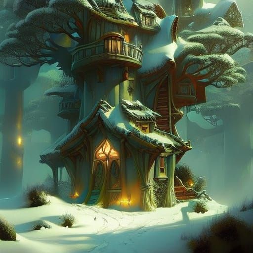 Enchanting Snowy Treehouse in Storybook Style