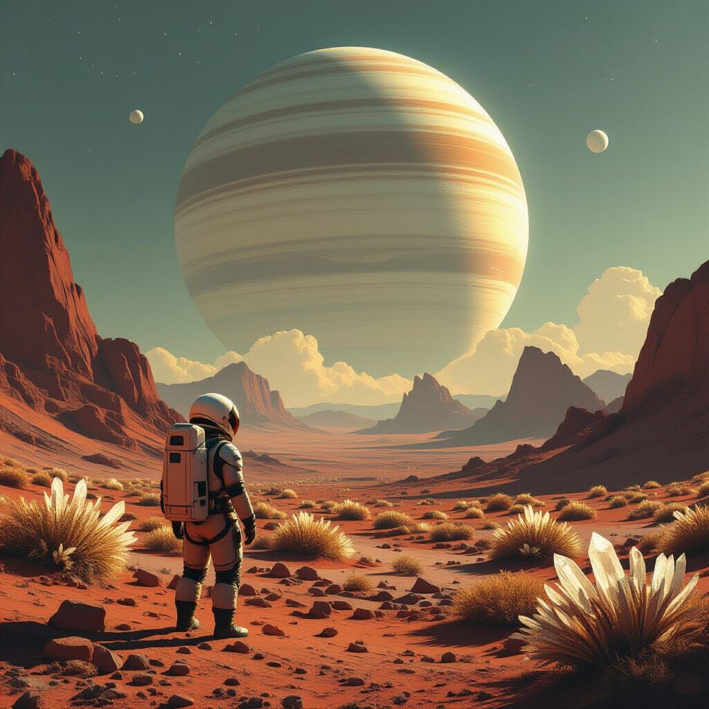 Astronaut Gazes at Ringed Planet in Alien Landscape