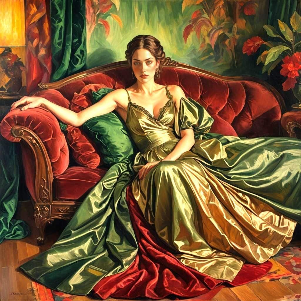 Elegant Woman in a Lush Bedrooms, in the Style of James Gurn...