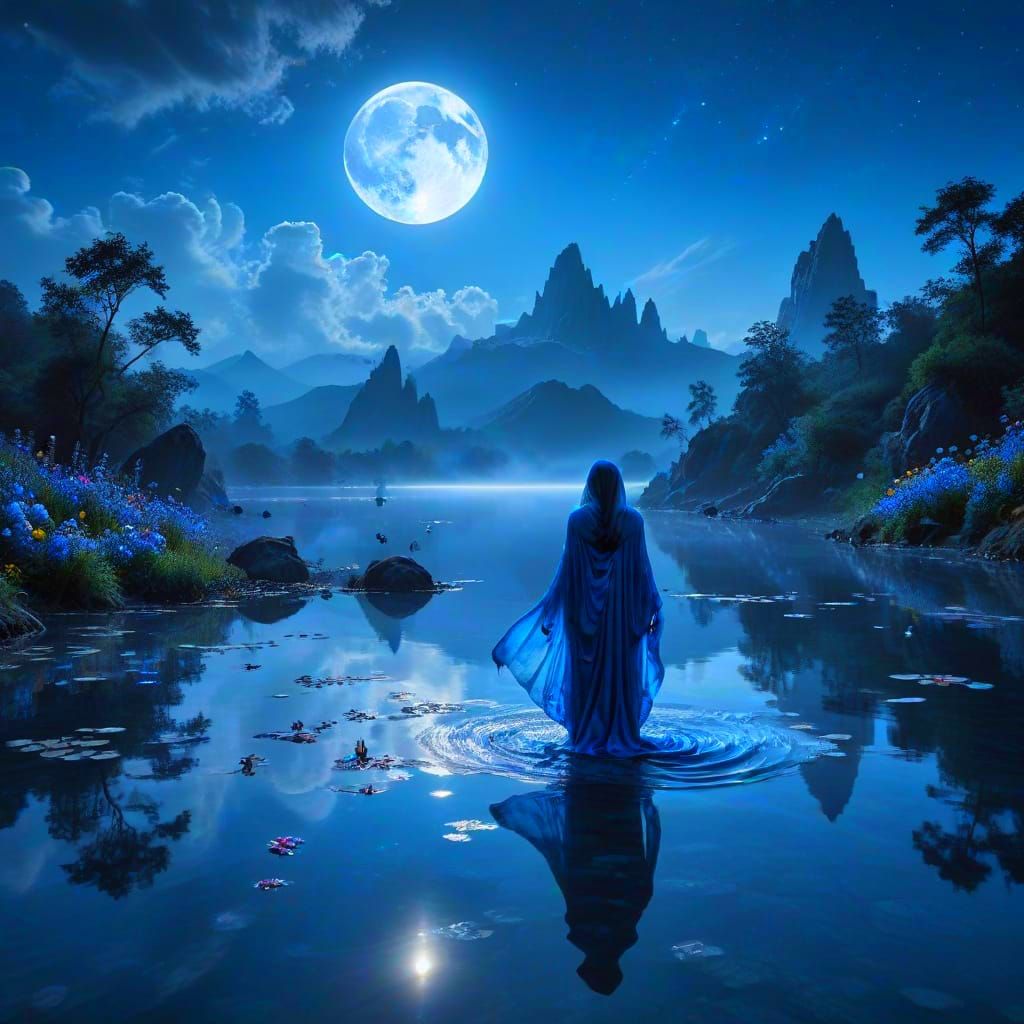 Sapphire Dreamscape with Ethereal Figure