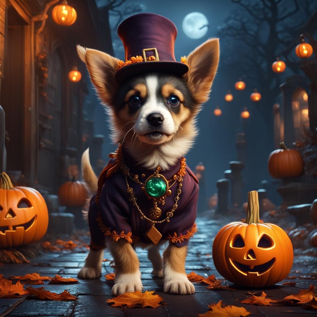 Fantastical Trick-or-Treat Puppy in Whimsical Autumn Wonderl...