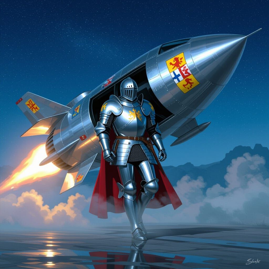 Knight Emerges from Rocket in Sci-Fi Landscape