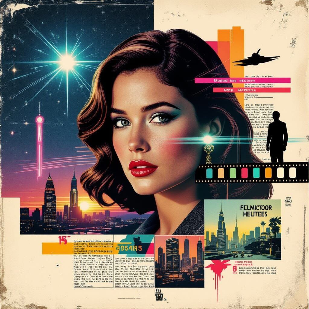 Retro-Futuristic 90s Hollywood Collage with Neon Sci-Fi Silh...