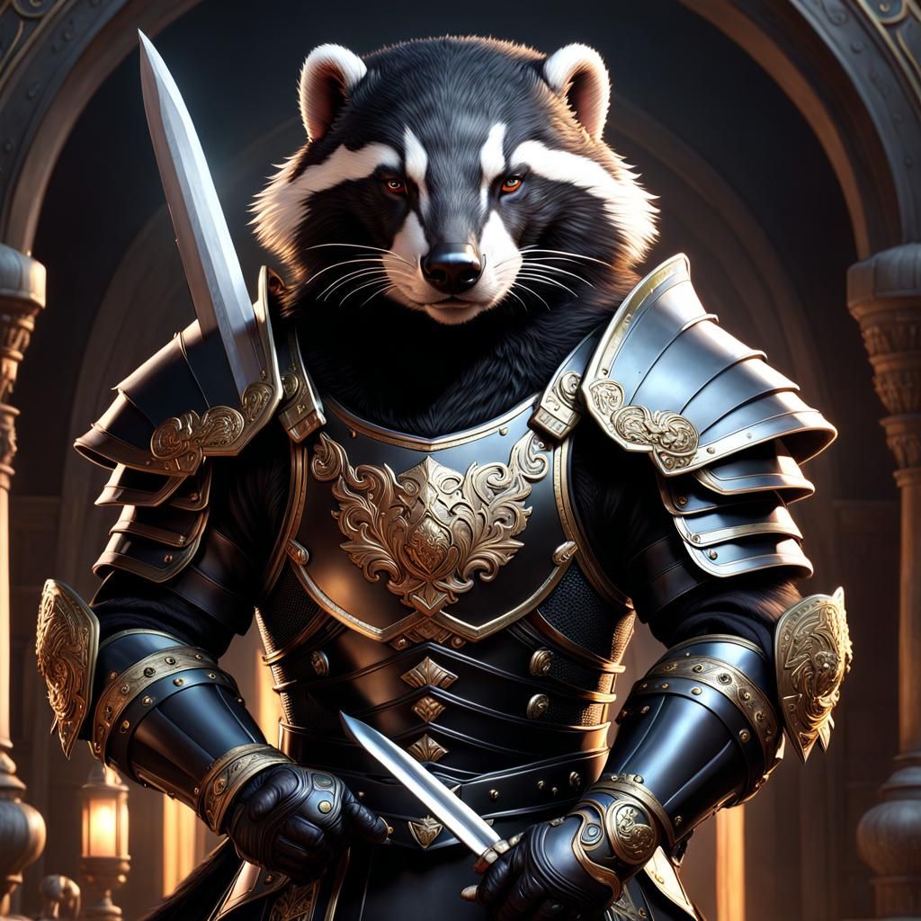 Heroic Honey Badger in Ornate Armor, Ready for Battle