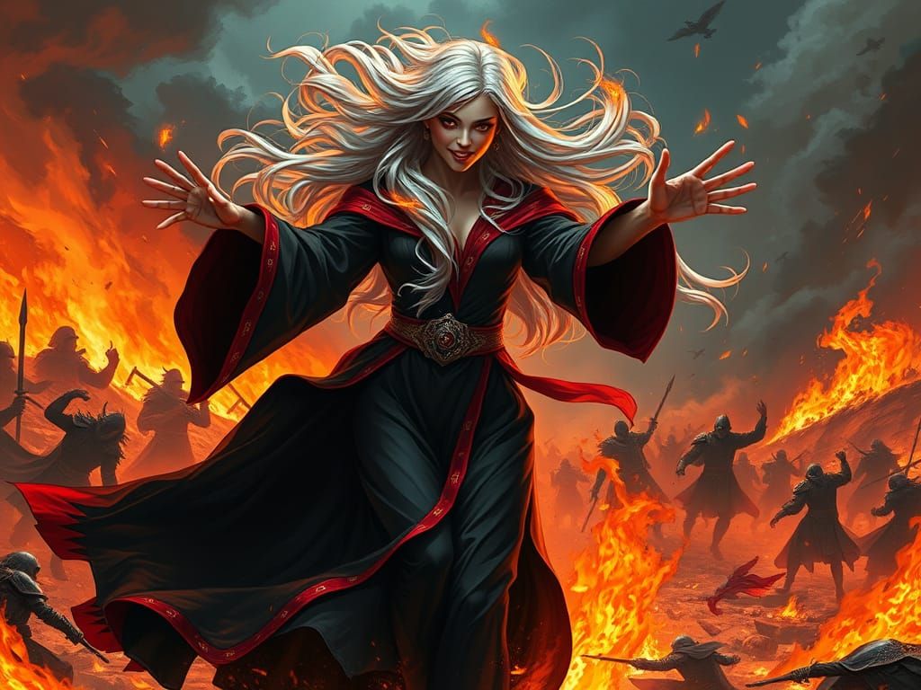 Dramatic Female Warlock Dance amidst Flames and Battle
