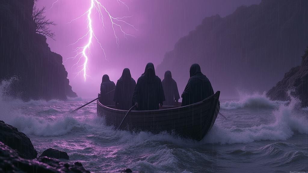 Mysterious figures brave the turbulent river in an apocalypt...