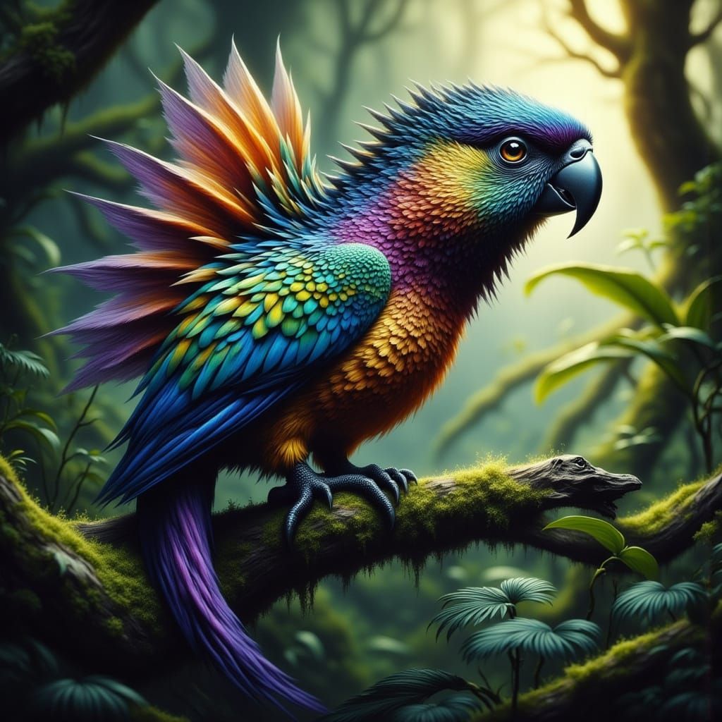 Surreal Hyperrealistic Beast Perches Amidst Lush Rainforest
