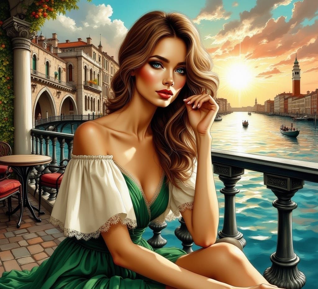 Portrait of Woman on Terrace as Oil Painting