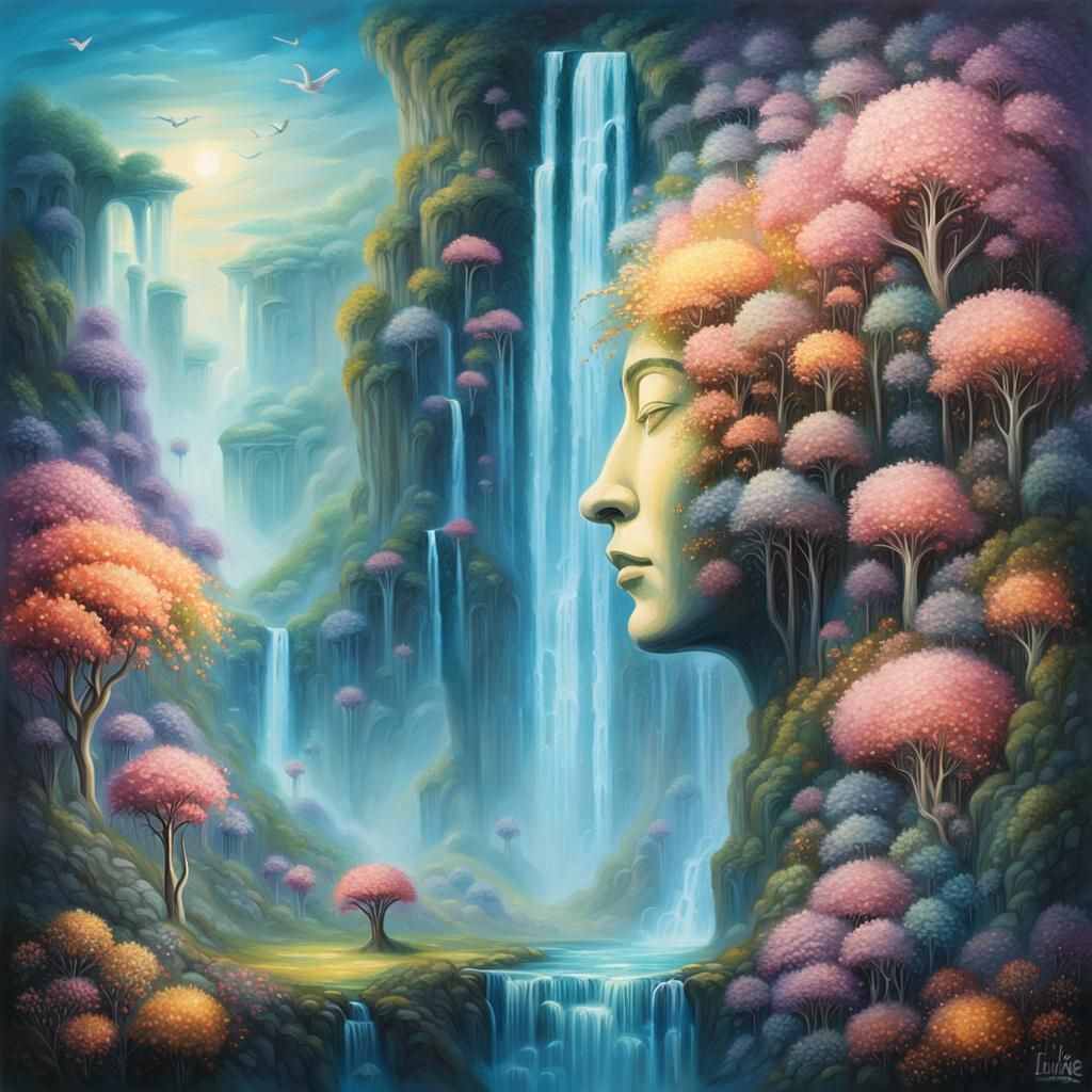 Dreamlike Oil Painting of Surreal Landscape with Giant Face