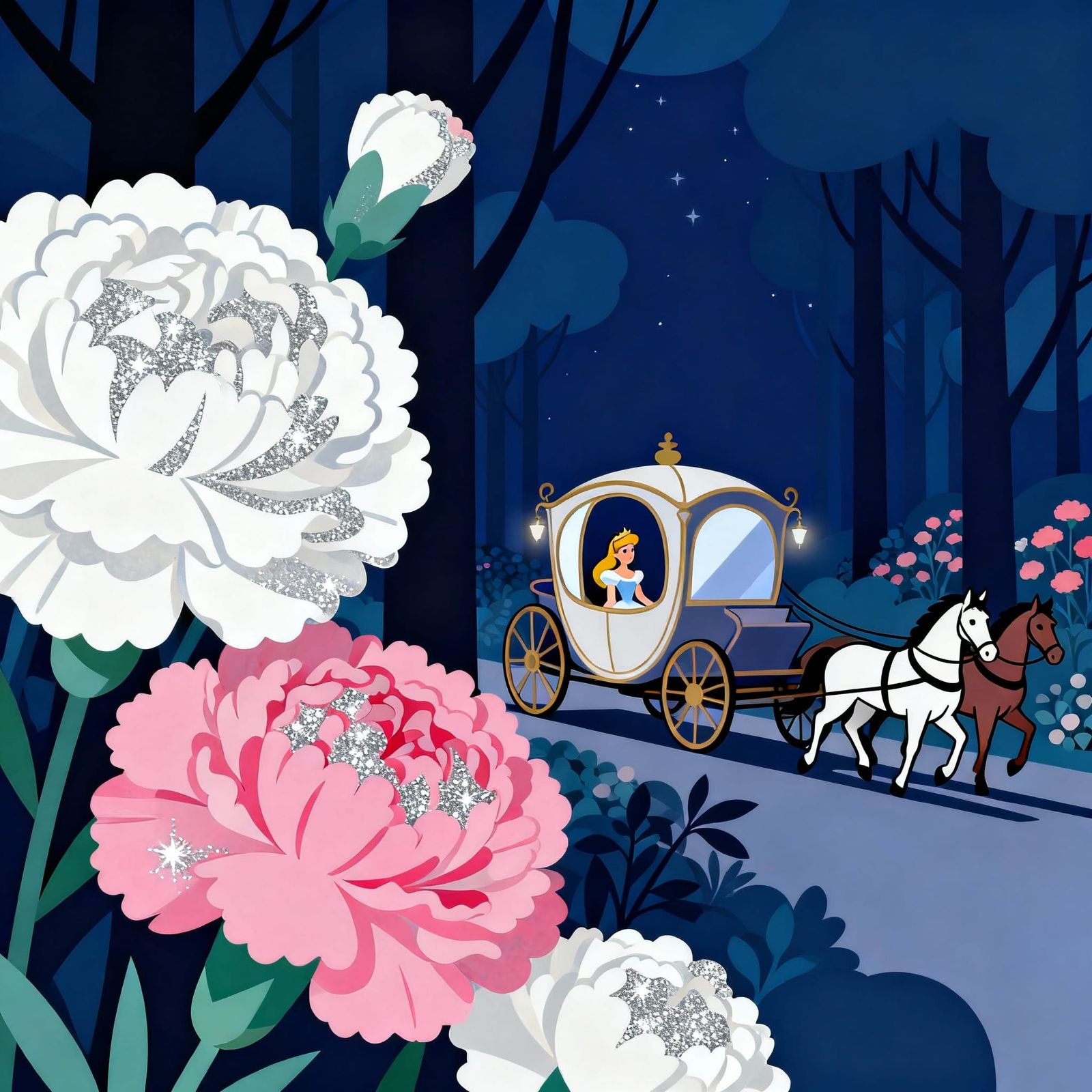 Minimalist Night Garden Fairytale in Mary Blair Style
