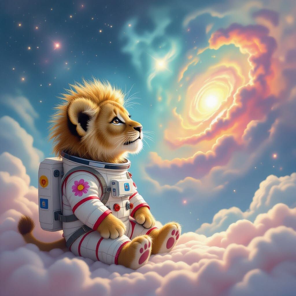 Lion Cub Astronaut Gazing at Nebula, Dreamlike Art