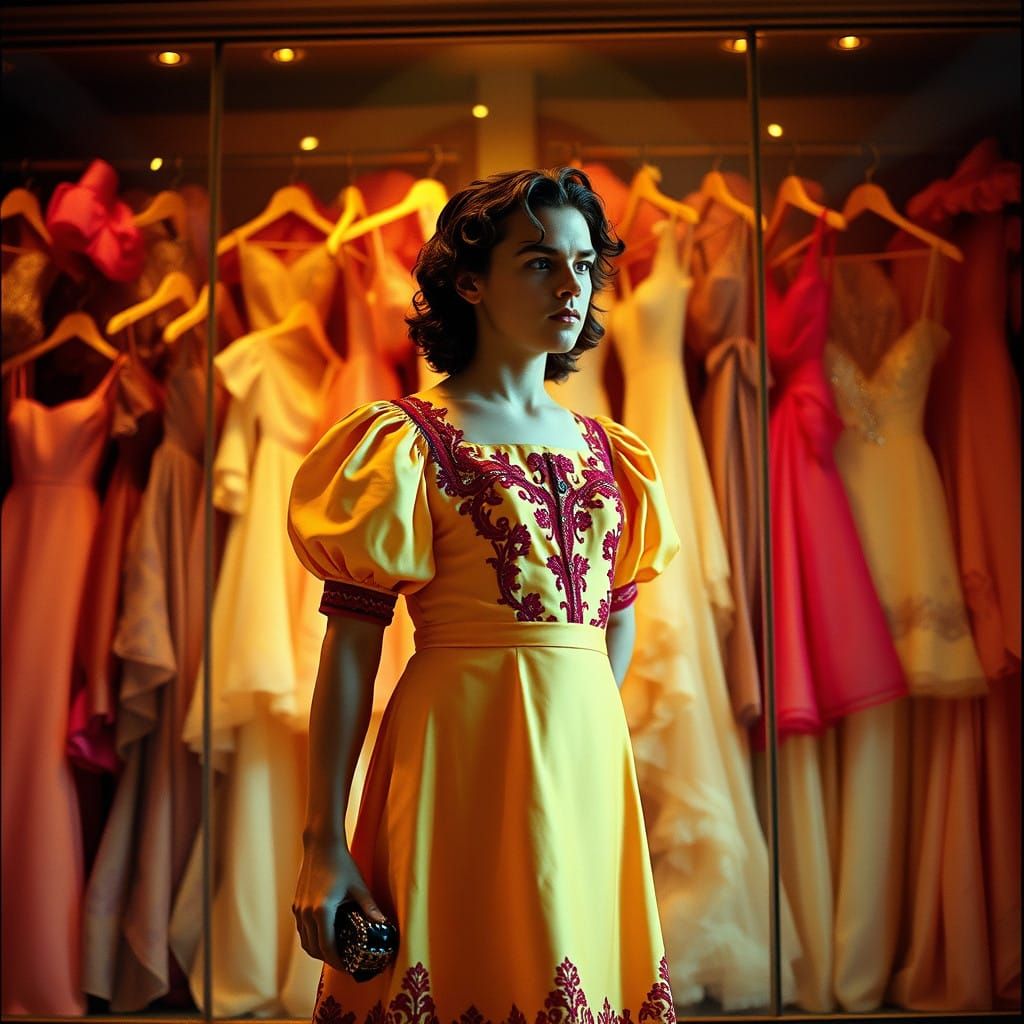 Youthful Starlet Lost in Vintage Fashion Wonderland