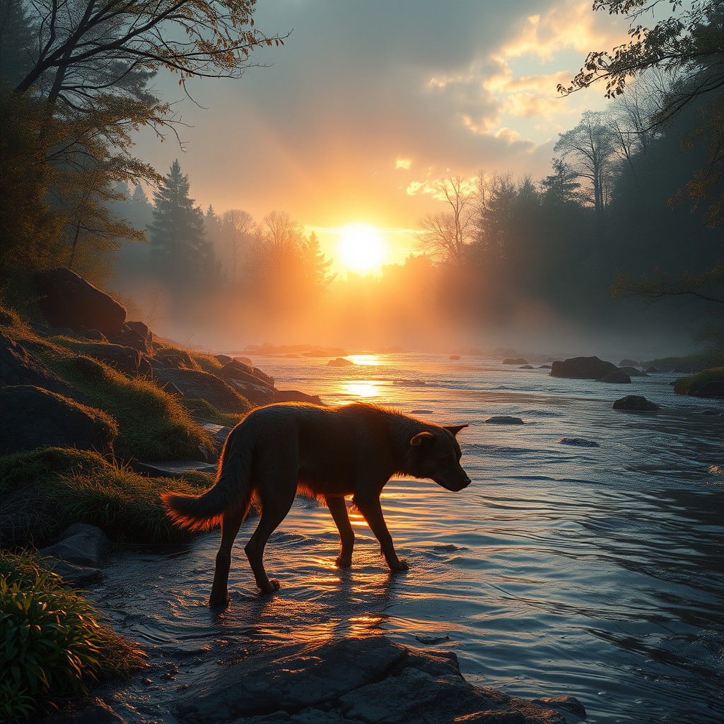 Majestic Stray Dog Silhouetted in Futuristic Realism