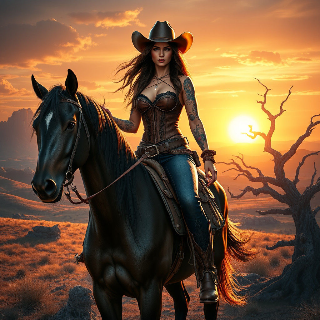 Cowgirl Rides Majestic Horse into Vibrant Sunset