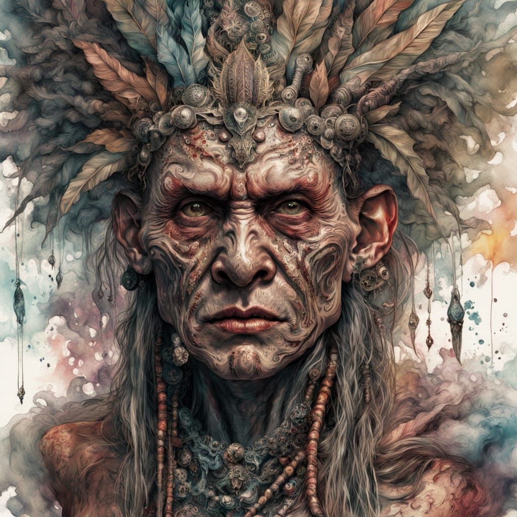 Ancient Maori Warrior-Ghoul Hybrid in Exotic Tribal Attire