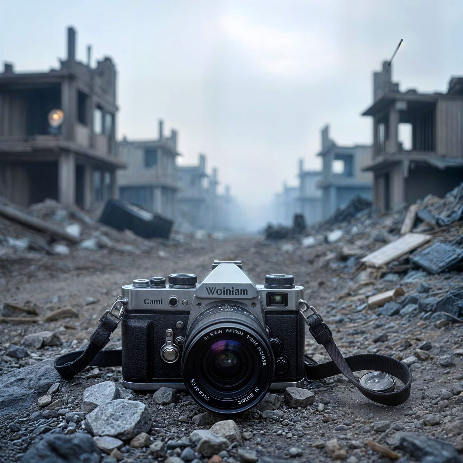 Worn Camera on Battlefield in Gritty, Realistic Style