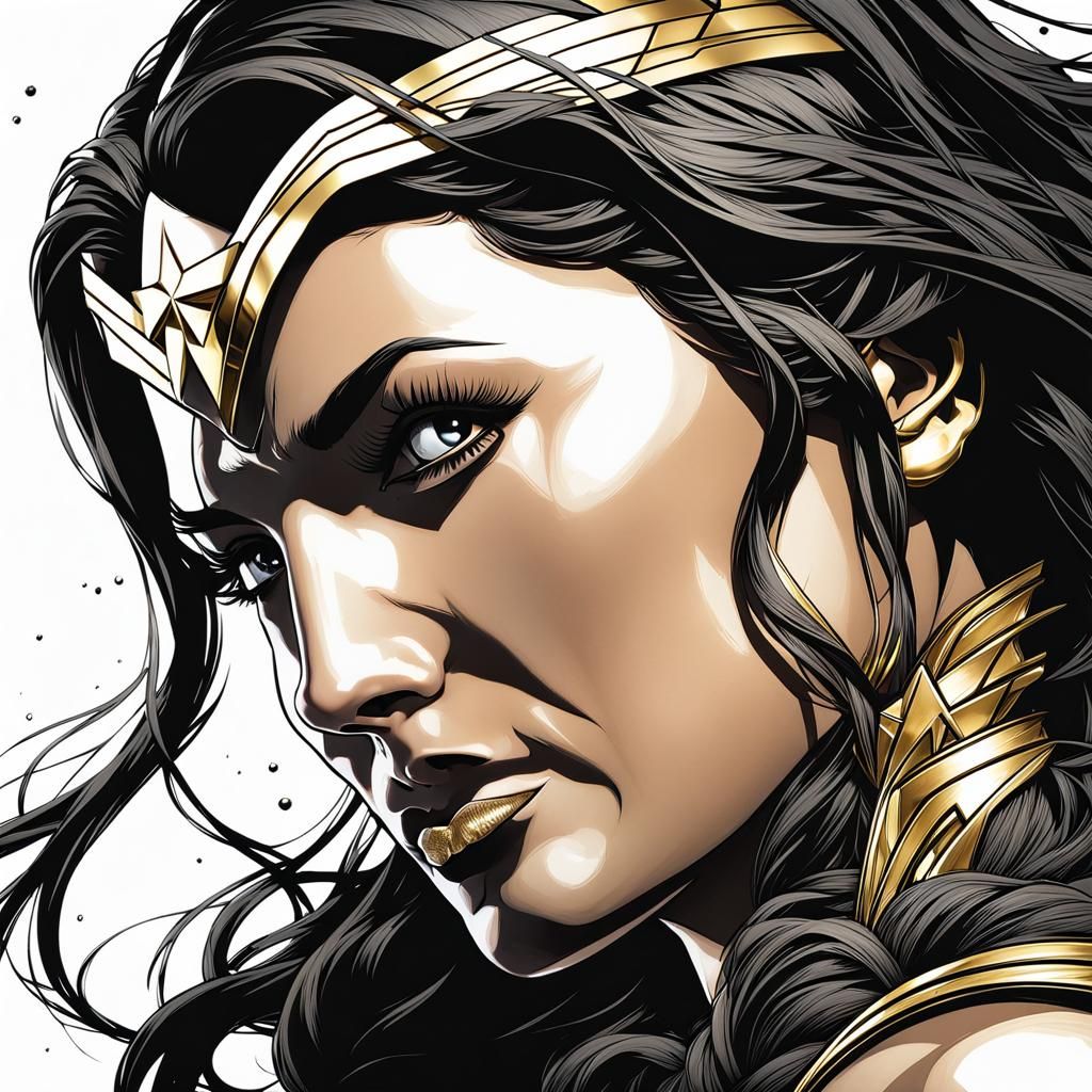 Ethereal Wonder Woman, Ink Drawing in Triadic Hues