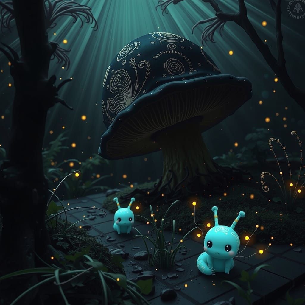 Whimsical Kawaii Chibi Caterpillar Under Giant Mushroom