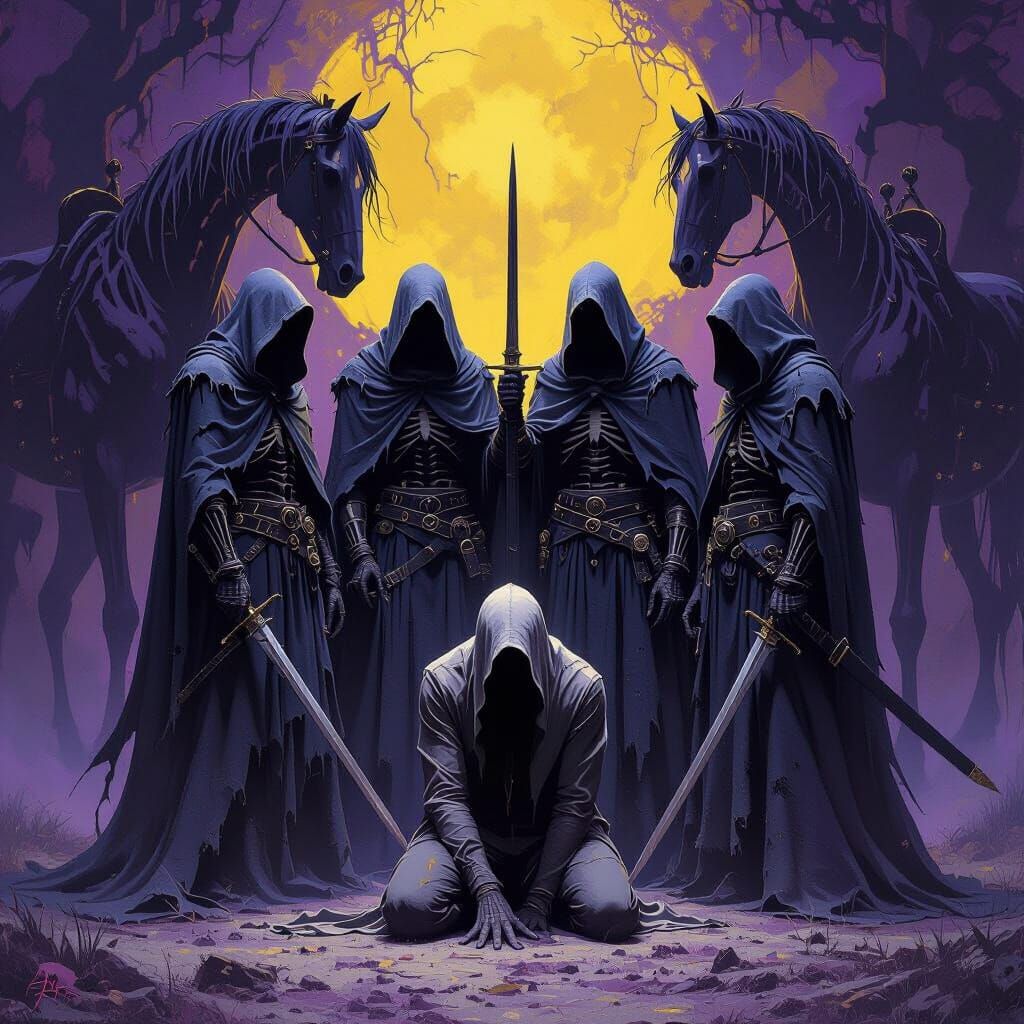 Headless Horsemen Confront Human: Dark Fantasy Art