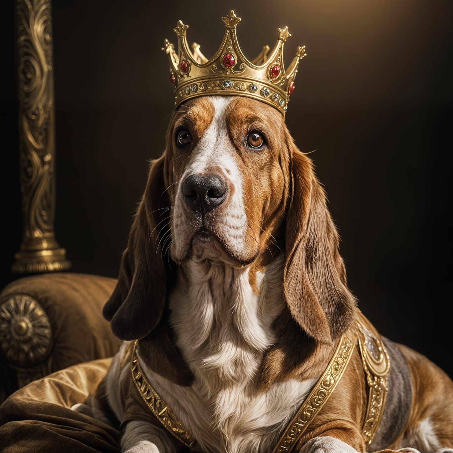 Basset Hound King on Golden Throne in Cinematic Lighting