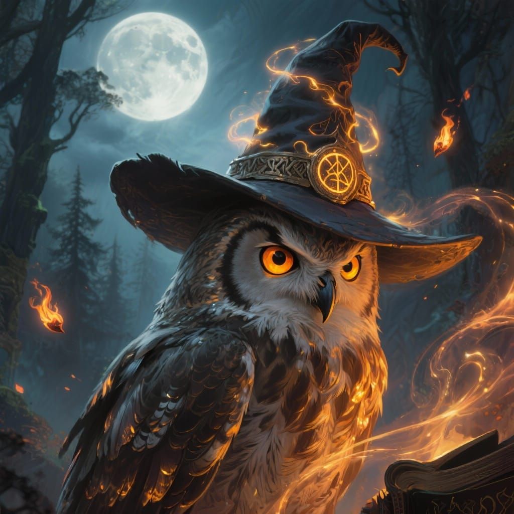 An epic fantasy illustration of a majestic owl, wearing an a...