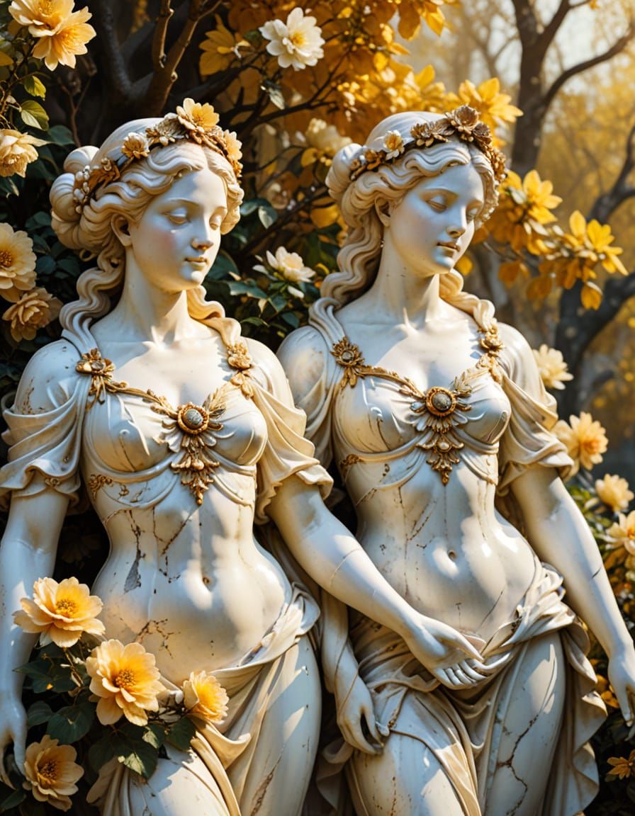 Baroque Statues of Seasonal Goddesses in Garden
