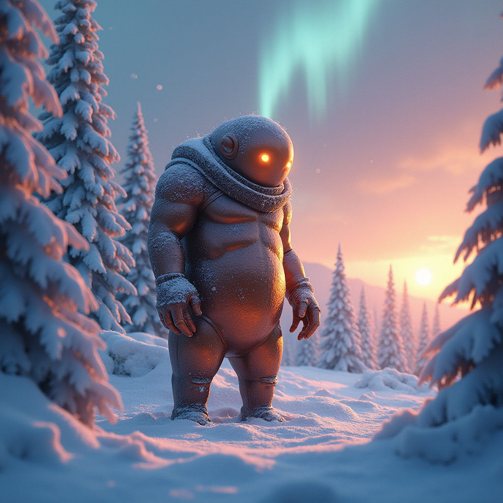 Winter Serenity: Copper-Hued Humanoid Amidst Frozen Landscap...